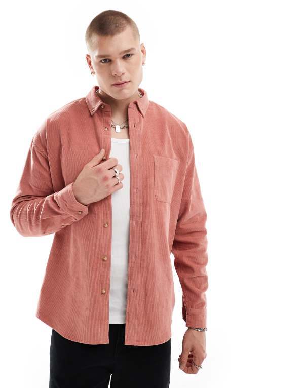 ̵    ȥåץ ASOS DESIGN '90s oversized cord shirt in pink...