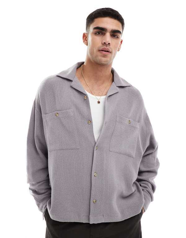 ̵    ȥåץ ASOS DESIGN boxy textured oversized shirt in ...
