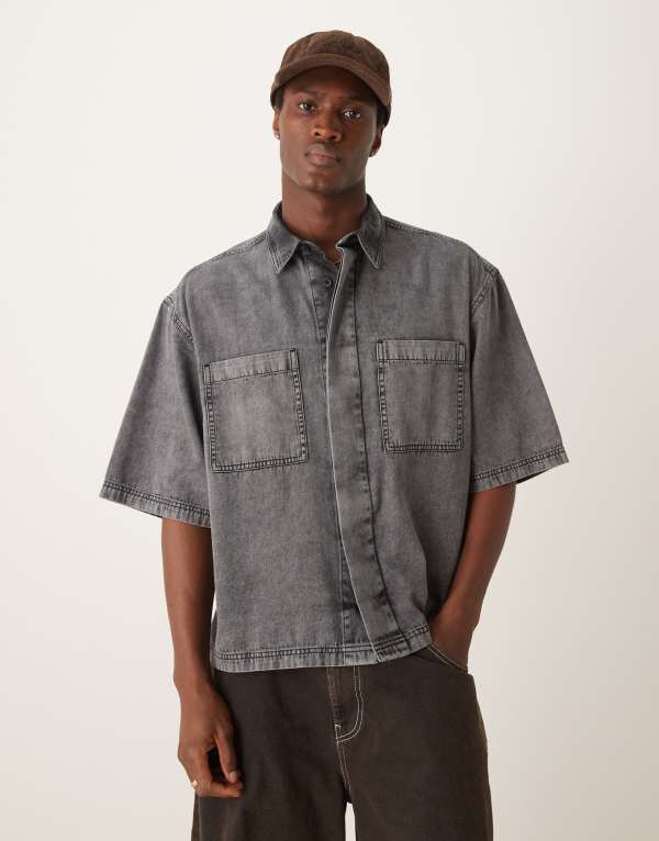 ̵    ȥåץ ASOS DESIGN boxy oversized denim shirt in gra...