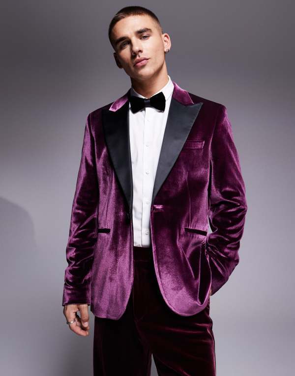 【送料無料】 エイソス メンズ ジャケット・ブルゾン アウター ASOS DESIGN slim velvet tuxedo blazer in burgundy Burgundy