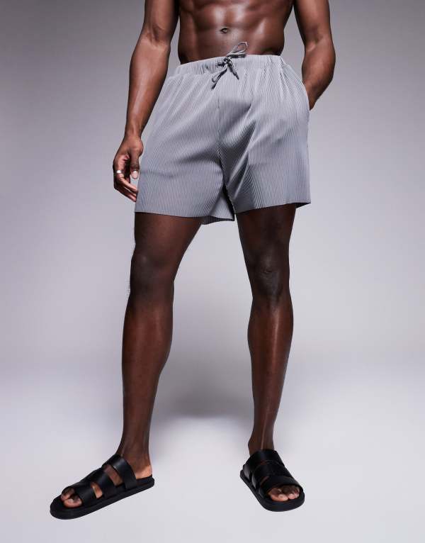 【送料無料】 エイソス メンズ ハーフパンツ・ショーツ 水着 ASOS DESIGN plisse swim shorts in mid length in gray Gray
