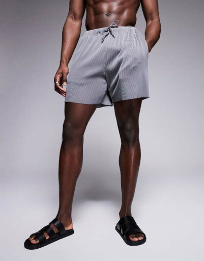 【送料無料】 エイソス メンズ ハーフパンツ・ショーツ 水着 ASOS DESIGN plisse swim shorts in mid length in gray Gray