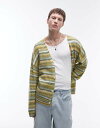 【送料無料】 トップマン メンズ カーディガン アウター Topman oversized cardigan in green & yellow stripe ...