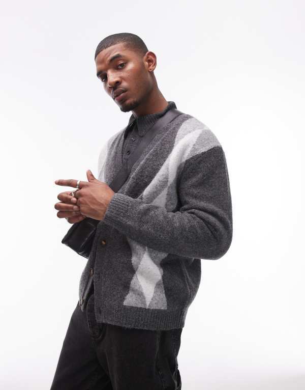 ̵ ȥåץޥ  ǥ  Topman cardigan in gray & white argyle Gray / white