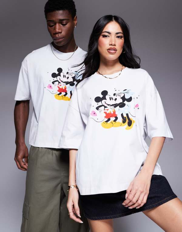 【送料無料】 エイソス レディース Tシャツ トップス ASOS DESIGN Disney boxy oversized T-shirt with Mickey & Minnie Mouse heart prints in white WHITE