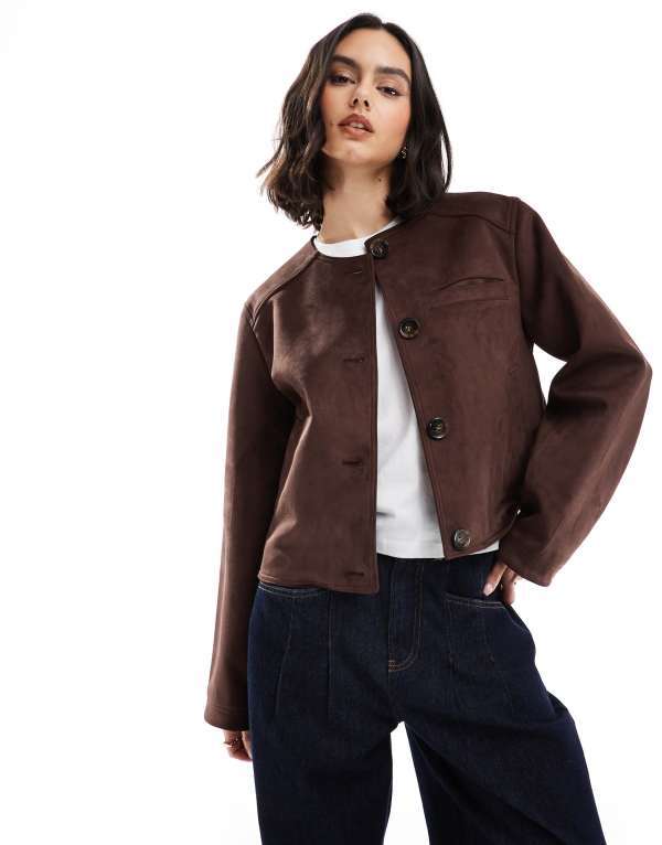 エイソス レディース アウター ジャケット・ブルゾン スエード ジャケット ASOS DESIGN collarless suedette jacket in chocolate chocolate チョコレート