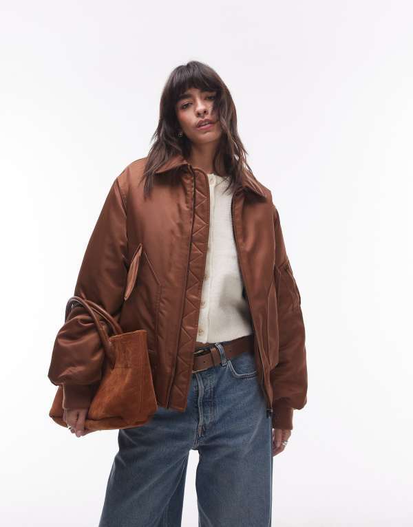 トップショップ レディース アウター ジャケット・ブルゾン ナイロン ジャケット Topshop twill nylon bomber jacket in chocolate chocolate チョコレート