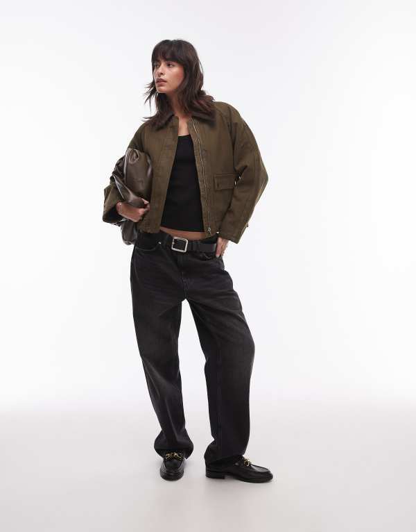 【送料無料】 マンゴ レディース ジャケット・ブルゾン アウター Mango wax collared jacket in green DARK GREEN