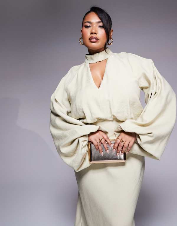 【送料無料】 エイソス レディース ワンピース トップス ASOS DESIGN Curve high neck plunge maxi dress with blouson sleeves in soft green Soft green