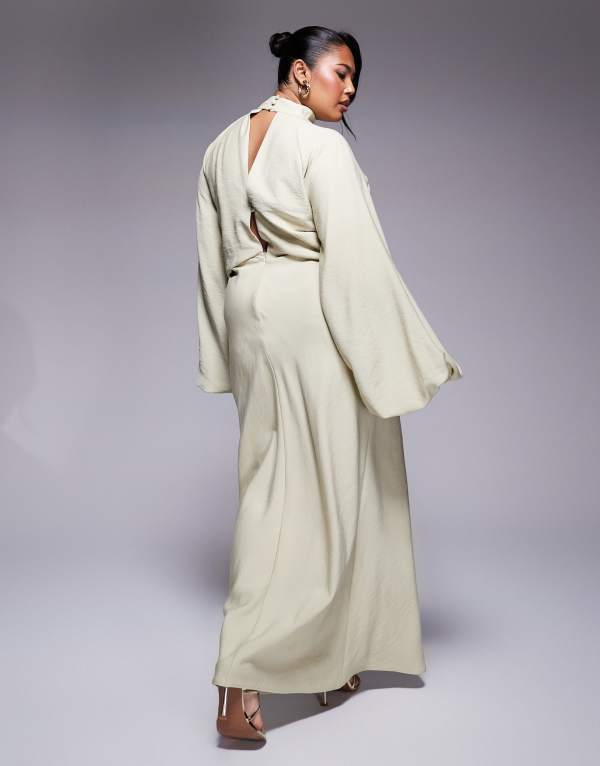 【送料無料】 エイソス レディース ワンピース トップス ASOS DESIGN Curve high neck plunge maxi dress with blouson sleeves in soft green Soft green