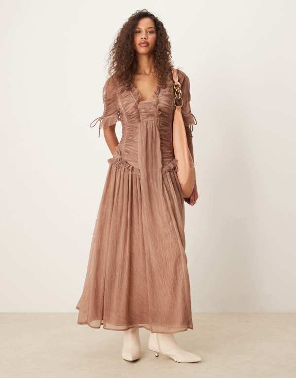 【送料無料】 エイソス レディース ワンピース トップス ASOS DESIGN washed midi dress with ruched detailing in light brown LIGHT BROWNのサムネイル