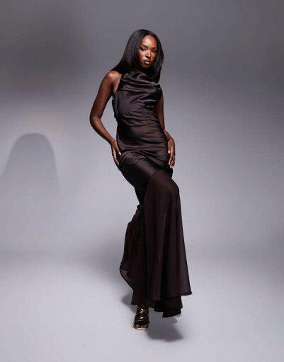 【送料無料】 エイソス レディース ワンピース トップス ASOS DESIGN satin chiffon mix draped bodice open cowl back maxi dress in chocolate Chocolate 【送料無料】 エイソス レディース ワンピース トップス ASOS DESIGN satin chiffon mix draped bodice open cowl back maxi dress in chocolate Chocolate