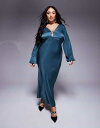 【送料無料】 エイソス レディース ワンピース トップス ASOS DESIGN Curve v neck satin blouson sleeve midaxi dress in dark teal Dark Teal(4)