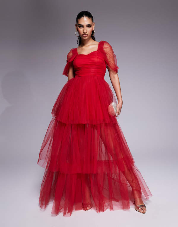 【送料無料】 レース アンド ビーズ レディース ワンピース トップス Lace & Beads off shoulder high low tulle maxi dress in red Red