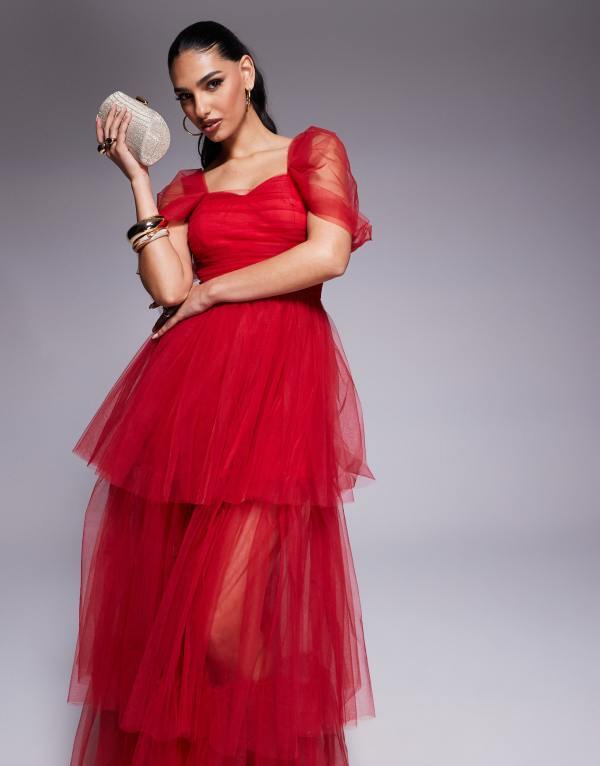 【送料無料】 レース アンド ビーズ レディース ワンピース トップス Lace & Beads off shoulder high low tulle maxi dress in red Red