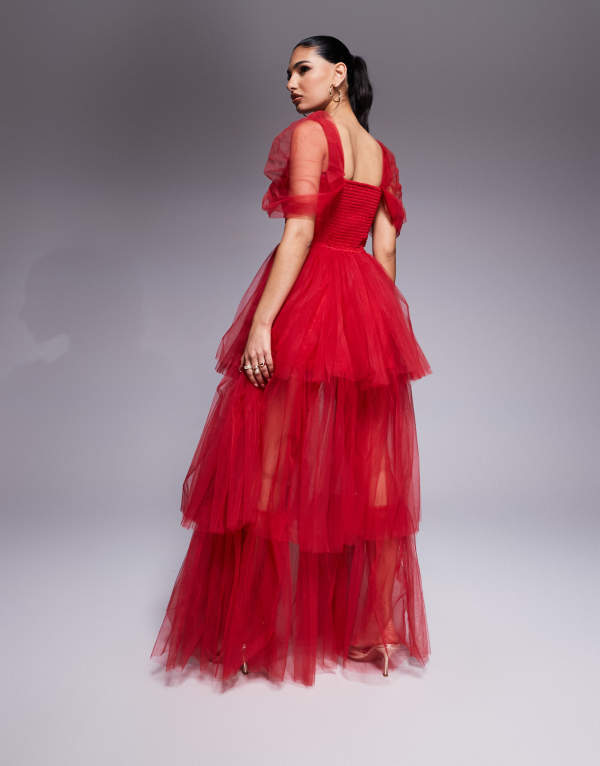 【送料無料】 レース アンド ビーズ レディース ワンピース トップス Lace & Beads off shoulder high low tulle maxi dress in red Red