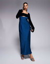 【送料無料】 エイソス レディース ワンピース トップス ASOS DESIGN square neck velvet satin mix midaxi dress with cut out in blue BLUE(4)