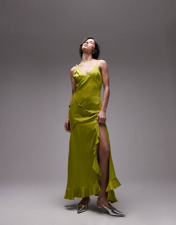トップショップ レディース トップス ワンピース ミディ Topshop twist shoulder exposed seam midi slip dress in lime Green グリーン