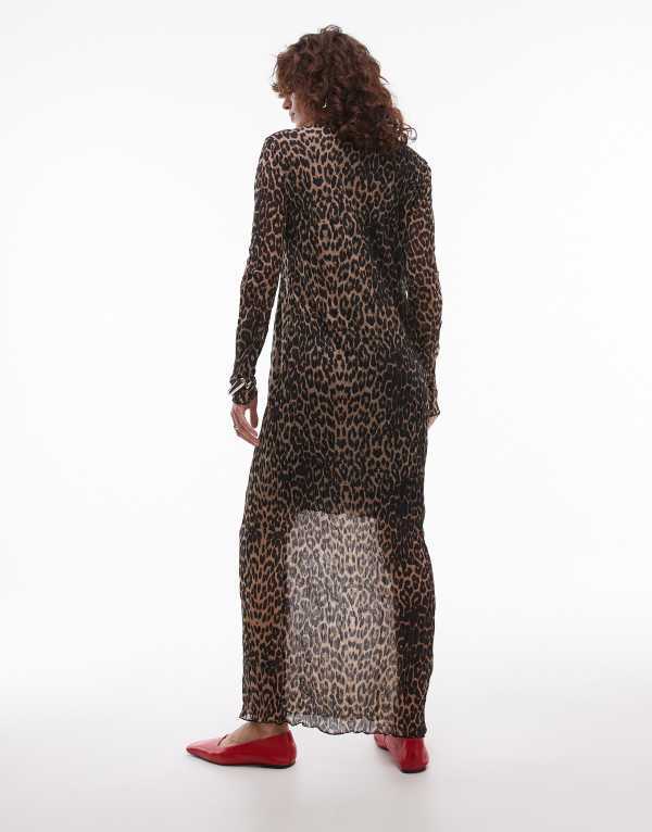 【送料無料】 トップショップ レディース ワンピース トップス Topshop sheer crinkle high neck long sleeve dress in leopard print BROWN