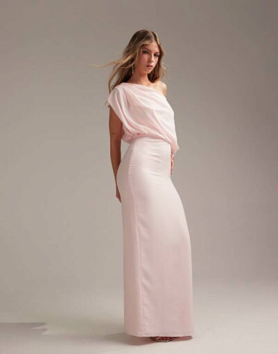 【送料無料】 エイソス レディース ワンピース トップス ASOS DESIGN Bridesmaids crepe one shoulder draped maxi dress in soft pink Soft pink