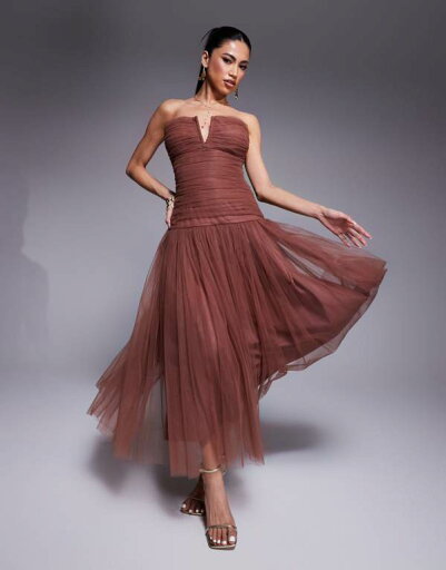 【送料無料】 レース アンド ビーズ レディース ワンピース トップス Lace & Beads drop hem tulle maxi dress in rose brown Rose brown 【送料無料】 レース アンド ビーズ レディース ワンピース トップス Lace & Beads drop hem tulle maxi dress in rose brown Rose brown