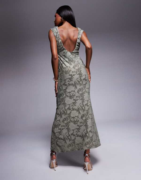 【送料無料】 エイソス レディース ワンピース トップス ASOS DESIGN slash neck burnout maxi dress with waist cut out and scoop back in khaki Khaki