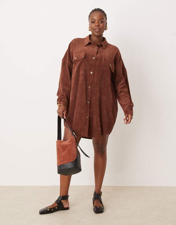 エイソス レディース トップス ワンピース シャツワンピース シャツ ASOS Curve ASOS DESIGN curve cord oversized shirt dress with drop pocket in chocolate Chocolate チョコレート