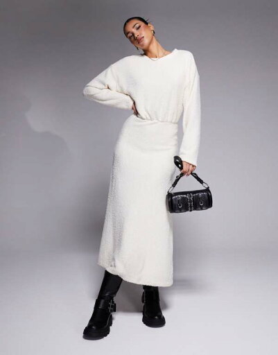 【送料無料】 エイソス レディース ワンピース トップス ASOS DESIGN fluffy long sleeve blouson midi dress in cream IVORY 【送料無料】 エイソス レディース ワンピース トップス ASOS DESIGN fluffy long sleeve blouson midi dress in cream IVORY