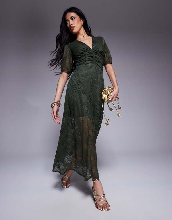 【送料無料】 エイソス レディース ワンピース トップス ASOS DESIGN short sleeve V-neck lace midi dress in khaki Khaki(4)