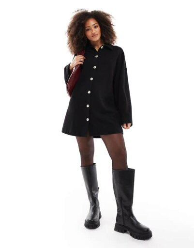 【送料無料】 エイソス レディース ワンピース トップス ASOS DESIGN supersoft collared button down cardigan mini dress in black Black 【送料無料】 エイソス レディース ワンピース トップス ASOS DESIGN supersoft collared button down cardigan mini dress in black Black