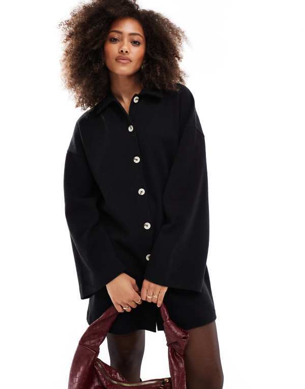 【送料無料】 エイソス レディース ワンピース トップス ASOS DESIGN supersoft collared button down cardigan mini dress in black Black