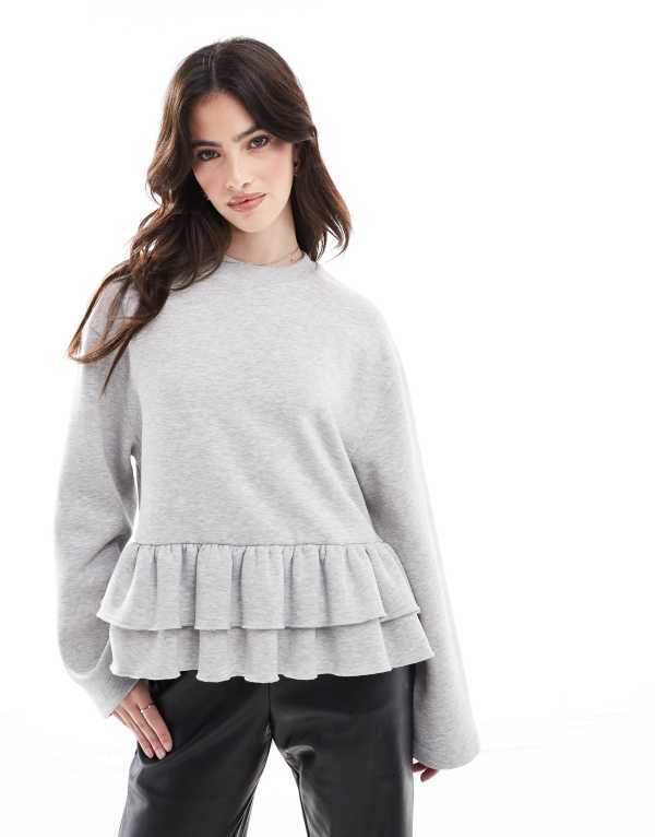 ̵  ǥ ѡå  ASOS DESIGN ruffle hem crew neck swe...