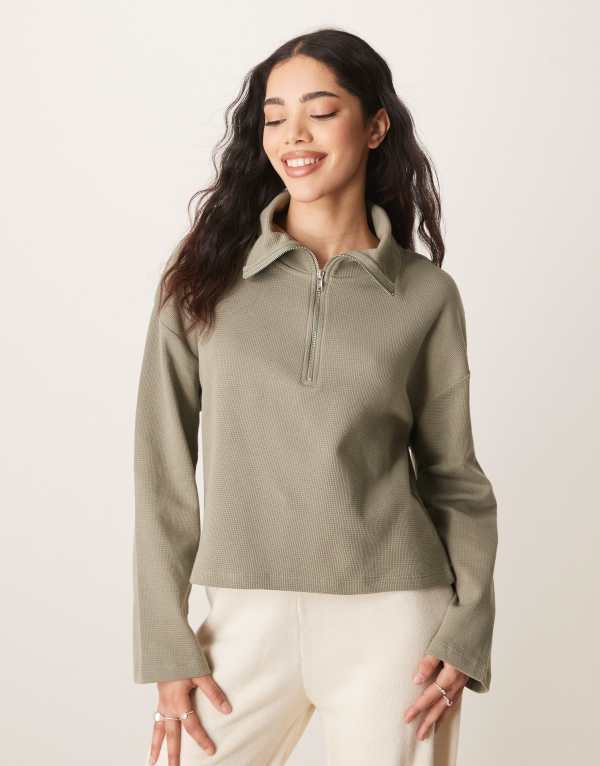 ̵  ǥ ѡå  ASOS DESIGN waffle half zip sweatshi...