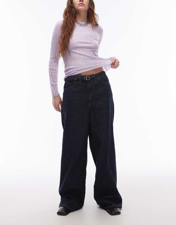 【送料無料】 マンゴ レディース デニムパンツ ボトムス Mango belted wide leg jeans in indigo Indigo blue