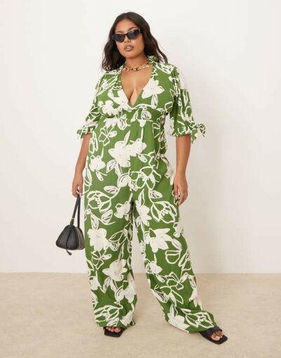 【送料無料】 エイソス レディース ジャンプスーツ トップス ASOS DESIGN Curve shirred waist jumpsuit in green floral print Green floral 【送料無料】 エイソス レディース ジャンプスーツ トップス ASOS DESIGN Curve shirred waist jumpsuit in green floral print Green floral