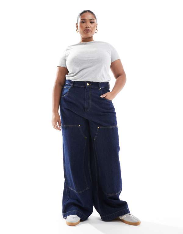 【送料無料】 エイソス レディース デニムパンツ ボトムス ASOS DESIGN Curve wide leg workwear jeans in inky wash Rinse