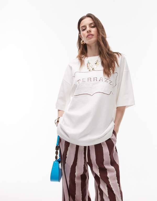 トップショップ レディース トップス Tシャツ Topshop La Terezza cutwork oversized tee WHITE ホワイト