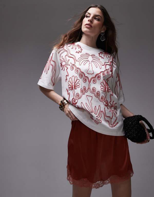 トップショップ レディース トップス Tシャツ 刺繍 Topshop premium oversized embroidered vacation tee WHITE ホワイト