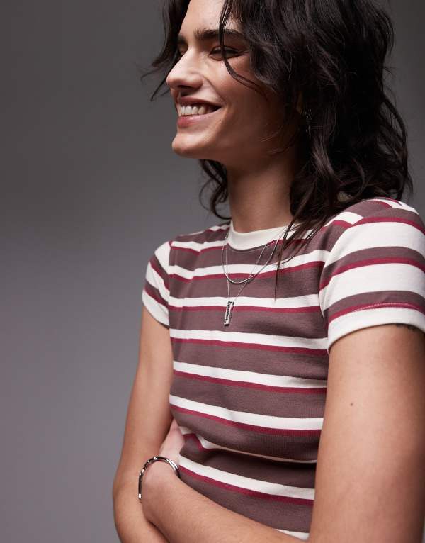 トップショップ レディース トップス Tシャツ Topshop stripe everyday tee in chocolate Chocolate チョコレート