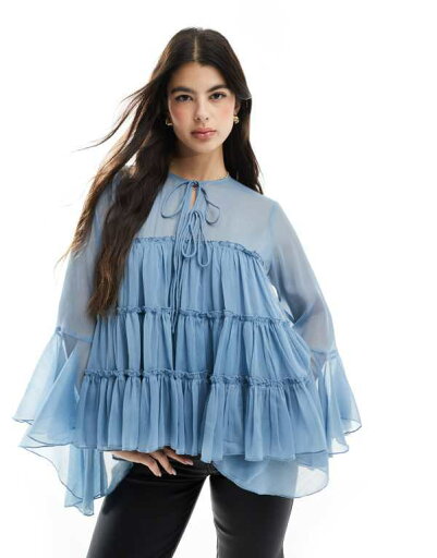 【送料無料】 エイソス レディース シャツ トップス ASOS DESIGN tie front tiered blouse with ruffle cuffs in blue Blue 【送料無料】 エイソス レディース シャツ トップス ASOS DESIGN tie front tiered blouse with ruffle cuffs in blue Blue
