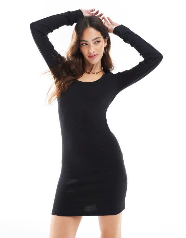 【送料無料】 エイソス レディース ワンピース トップス ASOS DESIGN ribbed long sleeve scoop neck mini dress in black Black