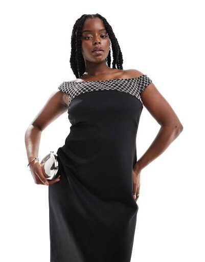 【送料無料】 エイソス レディース ワンピース トップス ASOS DESIGN Curve embellished panel bardot midi dress in black Black 【送料無料】 エイソス レディース ワンピース トップス ASOS DESIGN Curve embellished panel bardot midi dress in black Black
