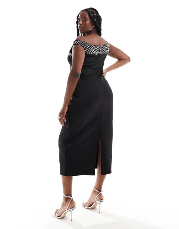 【送料無料】 エイソス レディース ワンピース トップス ASOS DESIGN Curve embellished panel bardot midi dress in black Black