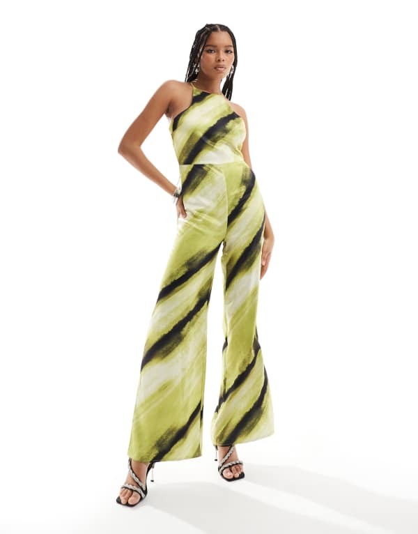 【送料無料】 エイソス レディース ジャンプスーツ トップス ASOS DESIGN satin racer wide leg jumpsuit in green abstract print Green abstract