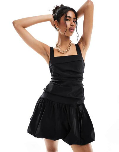【送料無料】 エイソス レディース ワンピース トップス ASOS DESIGN ruched puff hem mini dress with satin bow detail in black Black 【送料無料】 エイソス レディース ワンピース トップス ASOS DESIGN ruched puff hem mini dress with satin bow detail in black Black