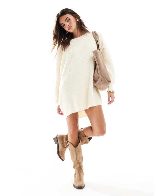 【送料無料】 ミスセルフフリッジ レディース ワンピース トップス Miss Selfridge slash neck oversized knit mini dress in cream CREAM