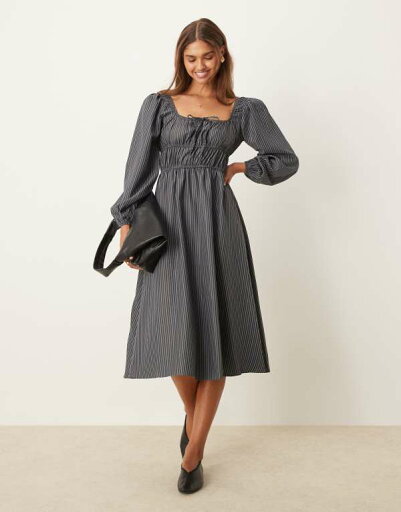 【送料無料】 グラマラス レディース ワンピース トップス Glamorous tie front volume sleeve shirred maxi dress in gray and black stripe Gray Black 【送料無料】 グラマラス レディース ワンピース トップス Glamorous tie front volume sleeve shirred maxi dress in gray and black stripe Gray Black
