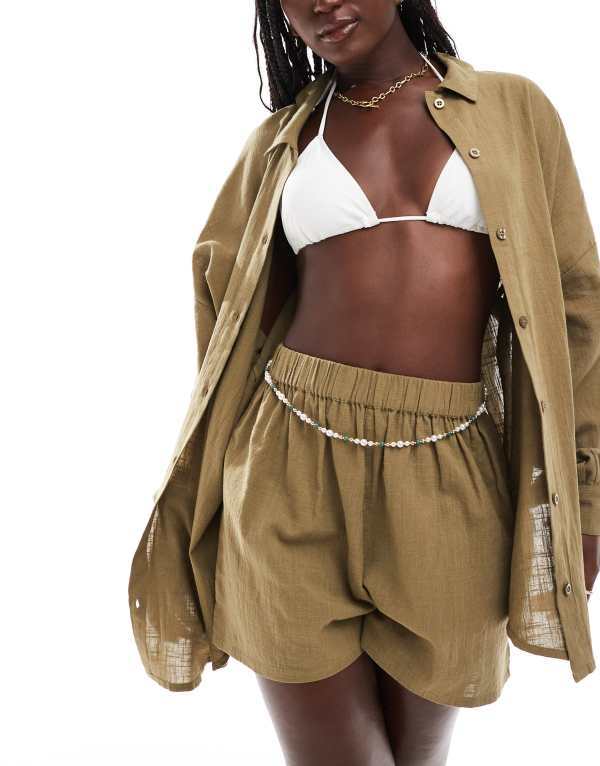 【送料無料】 エイソス レディース ハーフパンツ・ショーツ ボトムス ASOS DESIGN textured button through beach shorts in khaki - part of a set Khaki