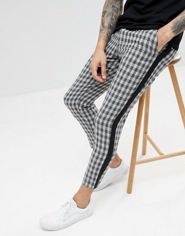 ブーフーマン メンズ カジュアルパンツ ボトムス boohooMAN Pants With Side Stripe In Gray Check Grey