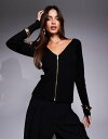 【送料無料】 エイソス レディース ニット・セーター アウター ASOS DESIGN knitted bardot zip through top in rib in black Black(4)